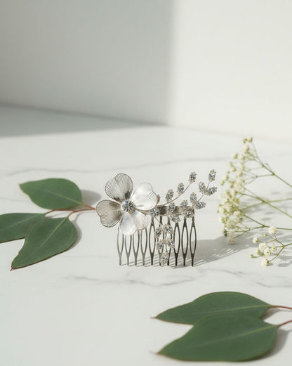 Luxury Silver Flower Hair Comb with Sparkling Crystal
