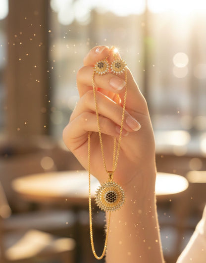 Luxury Sunburst Gold Pendant Necklace & Earrings Set