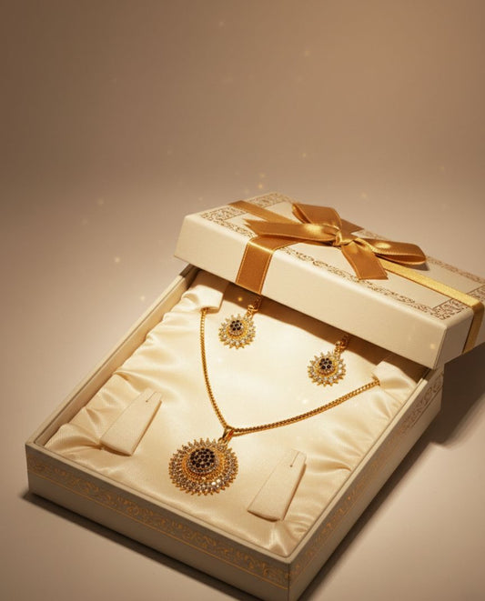 Luxury Sunburst Gold Pendant Necklace & Earrings Set